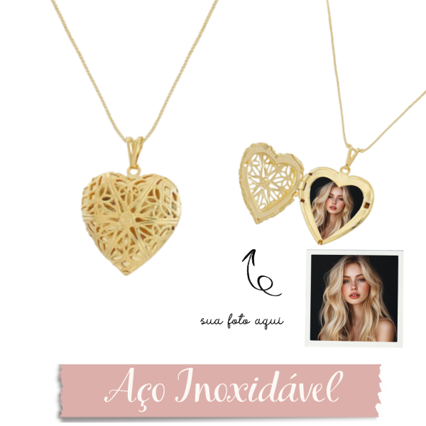 Relicário Coração - Aço Inoxidável Dourado