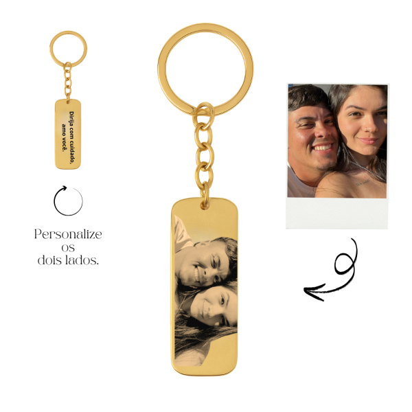 Chaveiro Plaquinha Personalizado G -(Fotos, nomes e frases) -Banhado a Ouro