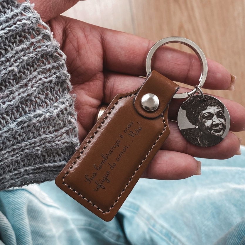Chaveiro de Couro Marrom e Aço Inox- Personalizado